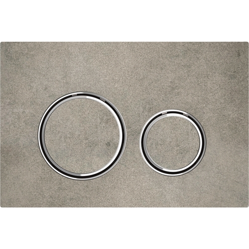 Immagine di Geberit SIGMA50 placca di comando per risciacquo a due quantità, piastra base e anelli di design finitura cromo, placca di copertura e tasti finitura effetto cemento 115.884.JV.1