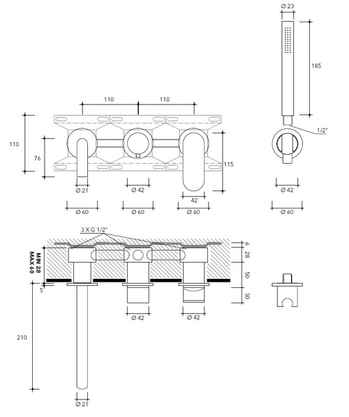 Immagine di Flaminia X1 set vasca composto da miscelatore ad incasso, deviatore, bocca d’erogazione e doccetta con supporto, finitura acciaio spazzolato X12570