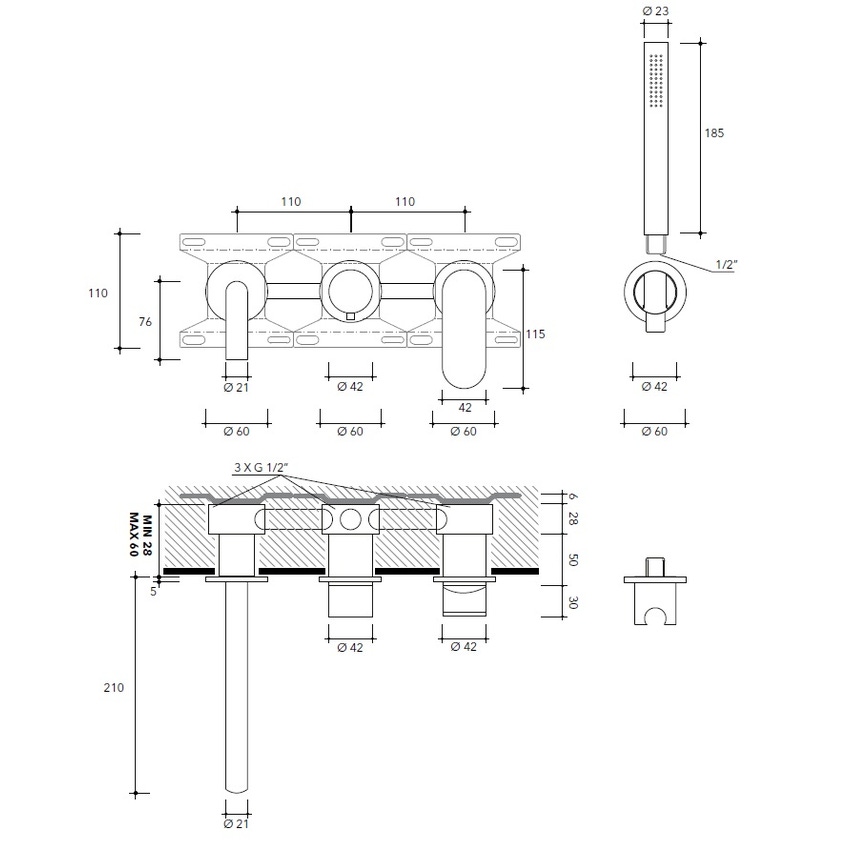 Immagine di Flaminia X1 set vasca composto da miscelatore ad incasso, deviatore, bocca d’erogazione e doccetta con supporto, finitura acciaio spazzolato X12570