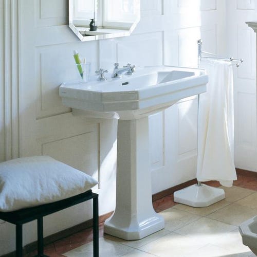 Immagine di Duravit 1930 lavabo monoforo L.80 cm, con 2 fori diaframmati, con troppopieno e bordo per rubinetteria, lato inferiore smaltato, colore bianco 0438800000