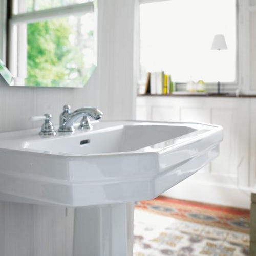 Immagine di Duravit 1930 lavabo monoforo L.80 cm, con 2 fori diaframmati, con troppopieno e bordo per rubinetteria, lato inferiore smaltato, rivestimento Wondergliss, colore bianco 04388000001