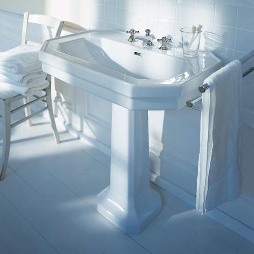 Immagine di Duravit 1930 lavabo monoforo L.80 cm, con 2 fori diaframmati, con troppopieno e bordo per rubinetteria, lato inferiore smaltato, rivestimento Wondergliss, colore bianco 04388000001