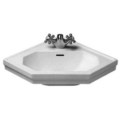 Immagine di Duravit 1930 lavamani d'angolo monoforo L.60 cm, con troppopieno e bordo per rubinetteria, con lato inferiore smaltato, colore bianco 0793420000