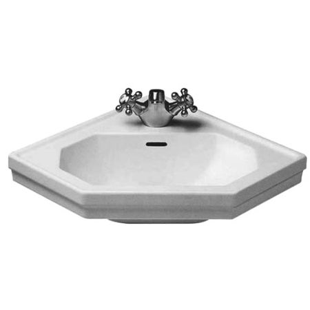 Immagine di Duravit 1930 lavamani d'angolo monoforo L.60 cm, con troppopieno e bordo per rubinetteria, con lato inferiore smaltato, colore bianco 0793420000