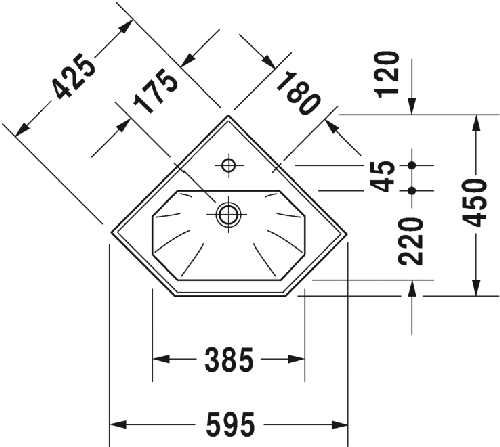 Immagine di Duravit 1930 lavamani d'angolo monoforo L.60 cm, con troppopieno e bordo per rubinetteria, con lato inferiore smaltato, rivestimento Wondergliss, colore bianco 07934200001