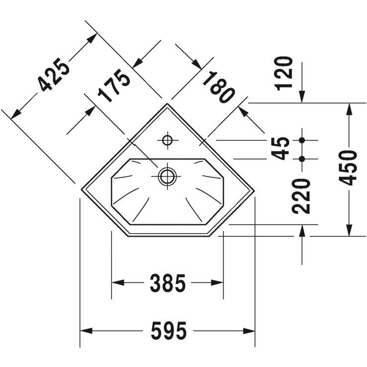 Immagine di Duravit 1930 lavamani d'angolo monoforo L.60 cm, con troppopieno e bordo per rubinetteria, con lato inferiore smaltato, rivestimento Wondergliss, colore bianco 07934200001