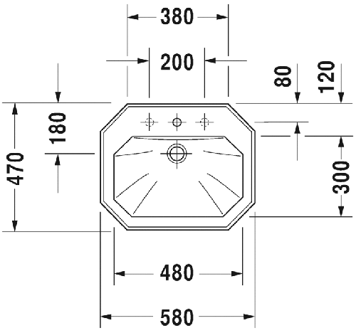 Immagine di Duravit 1930 lavabo da incasso monoforo L.58 cm, con 2 fori diaframmati, per incasso soprapiano, con troppopieno, con lato inferiore smaltato, colore bianco 0476580000