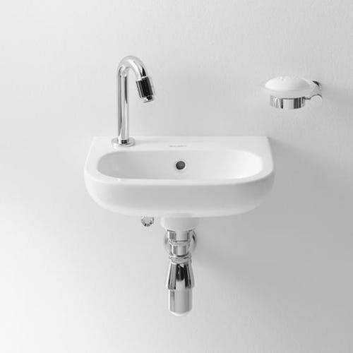 Immagine di Duravit D-CODE lavamani monoforo con foro rubinetteria a sinistra, con troppopieno e bordo per rubinetteria, lato inferiore smaltato, colore bianco 0705360009