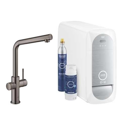 Immagine di Grohe BLUE HOME sistema completo rubinetto bocca a L e refrigeratore con sistema WiFi finitura grafite lucido 31454A01