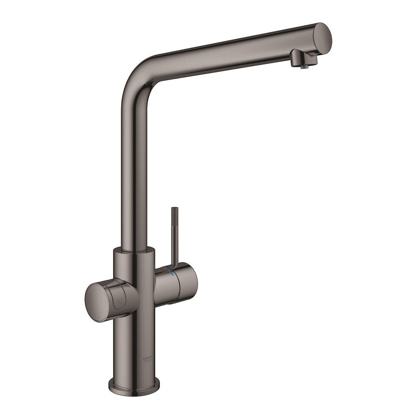 Immagine di Grohe BLUE HOME sistema completo rubinetto bocca a L e refrigeratore con sistema WiFi finitura grafite lucido 31454A01