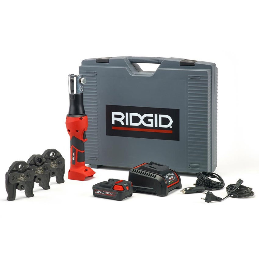 Immagine di Ridgid RP 219 Pressatrice a batteria completo di ganasce TH 16-20-25 mm, caricabatterie veloce da 230 V, batteria a Li-Ion 18 V 2.5 Ah e cassetta di trasporto 69098