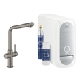 Immagine di Grohe BLUE HOME sistema completo rubinetto bocca a L e refrigeratore con sistema WiFi, finitura grafite spazzolato 31454AL1