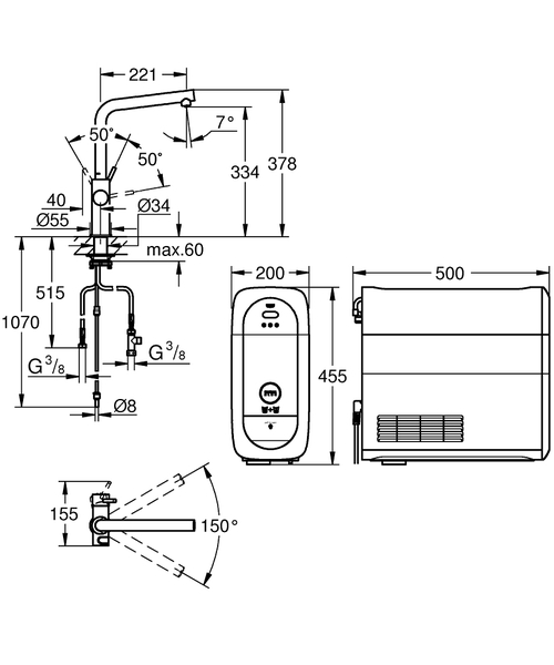 Immagine di Grohe BLUE HOME sistema completo rubinetto bocca a L e refrigeratore con sistema WiFi, finitura cromo 31454001