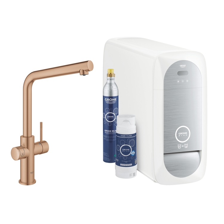 Immagine di Grohe BLUE HOME sistema completo rubinetto bocca a L e refrigeratore con sistema WiFi finitura oro rosa spazzolato 31454DL1