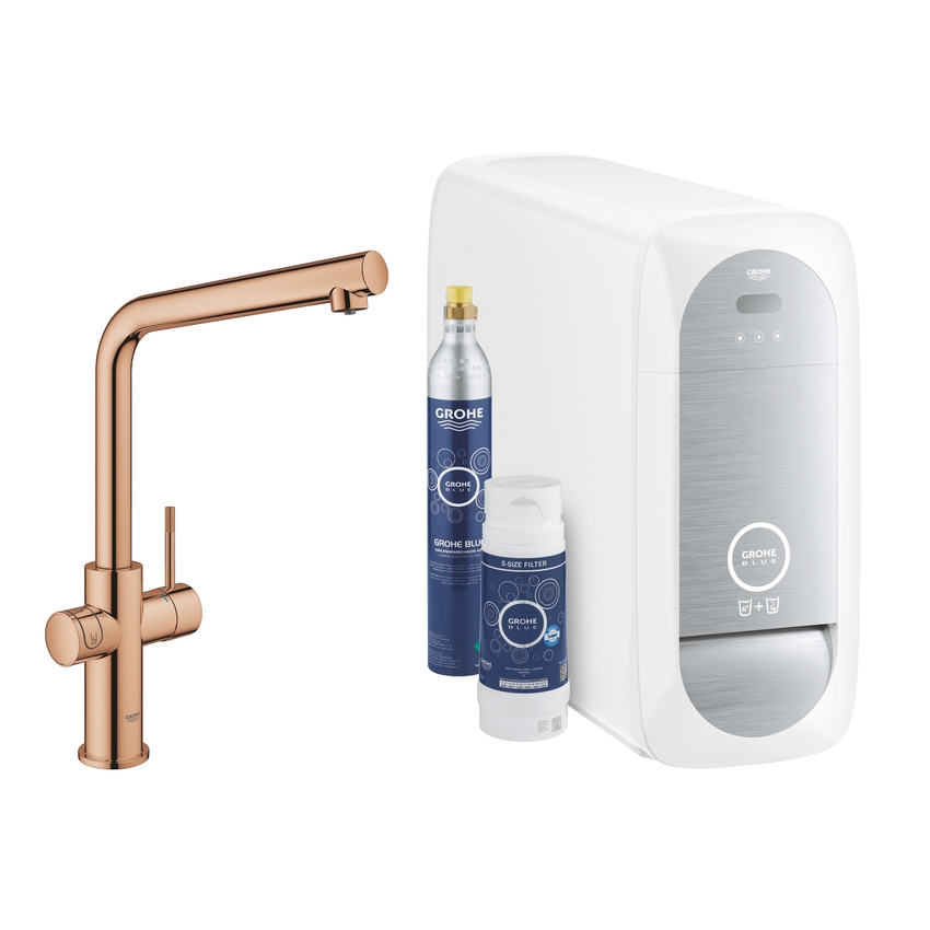 Immagine di Grohe BLUE HOME sistema completo rubinetto bocca a L e refrigeratore con sistema WiFi finitura oro rosa lucido 31454DA1