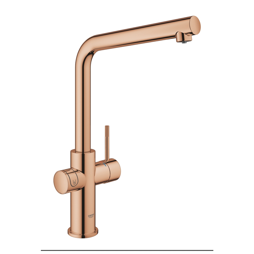 Immagine di Grohe BLUE HOME sistema completo rubinetto bocca a L e refrigeratore con sistema WiFi finitura oro rosa lucido 31454DA1