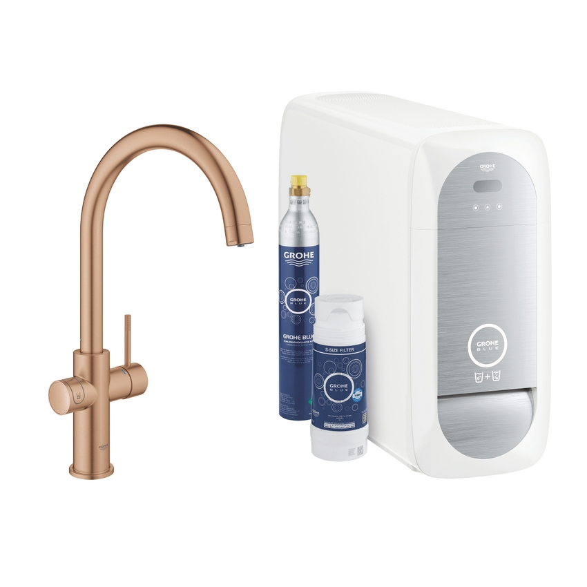 Immagine di Grohe BLUE HOME sistema completo rubinetto con bocca a C e refrigeratore con sistema WiFi finitura oro rosa spazzolato 31455DL1