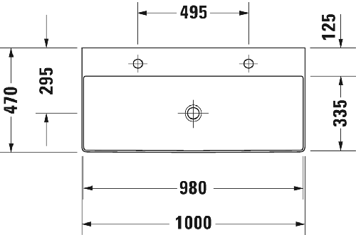 Immagine di Duravit DURASQUARE lavabo consolle 100 cm con 2 fori per rubinetteria, senza troppopieno, con bordo per rubinetteria, lato inferiore smaltato, colore bianco 2353100043