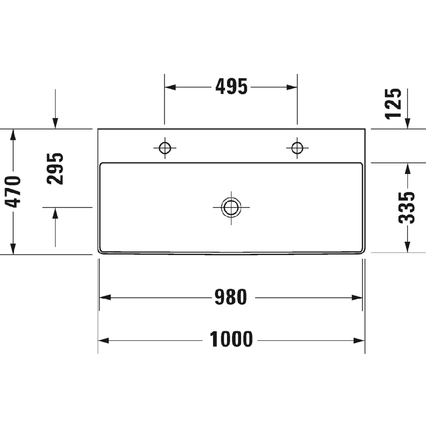 Immagine di Duravit DURASQUARE lavabo consolle 100 cm con 2 fori per rubinetteria, senza troppopieno, con bordo per rubinetteria, lato inferiore smaltato, colore bianco 2353100043