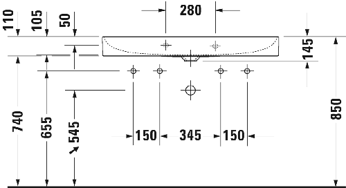 Immagine di Duravit DURASQUARE lavabo consolle 100 cm con 2 fori per rubinetteria, senza troppopieno, con bordo per rubinetteria, lato inferiore smaltato, colore bianco 2353100043