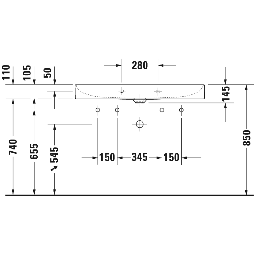 Immagine di Duravit DURASQUARE lavabo consolle 100 cm con 2 fori per rubinetteria, senza troppopieno, con bordo per rubinetteria, lato inferiore smaltato, colore bianco 2353100043