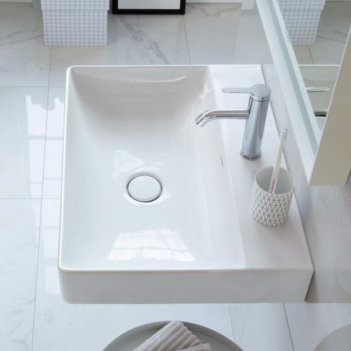 Immagine di Duravit DURASQUARE lavabo consolle 80 cm senza foro per rubinetteria, senza troppopieno, con bordo per rubinetteria, lato inferiore smaltato, colore bianco 2353800070