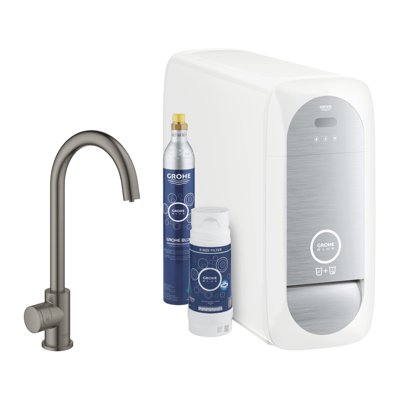 Immagine di Grohe BLUE HOME sistema completo mono rubinetto bocca a C e refrigeratore con sistema WiFi finitura grafite spazzolato 31498AL1