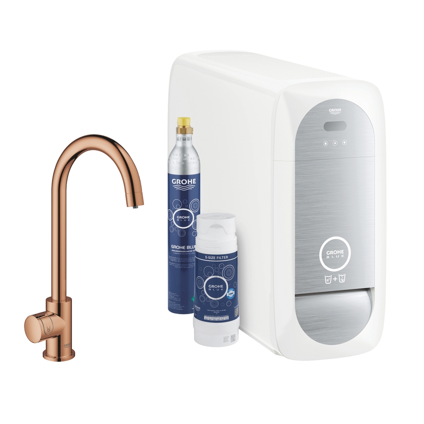 Immagine di Grohe BLUE HOME sistema completo mono rubinetto bocca a C e refrigeratore con sistema WiFi finitura oro rosa lucido 31498DA1