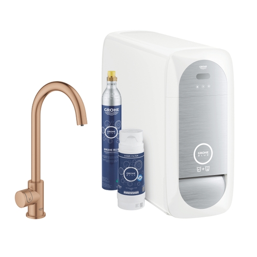 Immagine di Grohe BLUE HOME sistema completo mono rubinetto bocca a C e refrigeratore con sistema WiFi, finitura oro rosa spazzolato 31498DL1