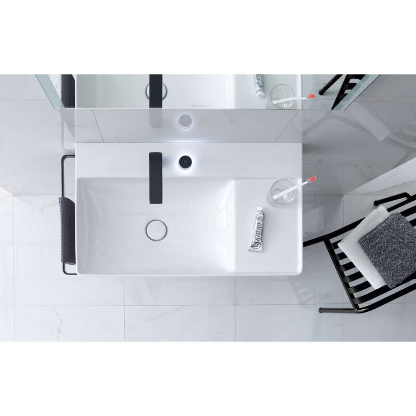Immagine di Duravit DURASQUARE lavabo consolle asimmetrico 80 cm con 2 fori per rubinetteria, senza troppopieno, con bordo per rubinetteria, bacino a sinistra, lato inferiore smaltato, WonderGliss, colore bianco 23488000401