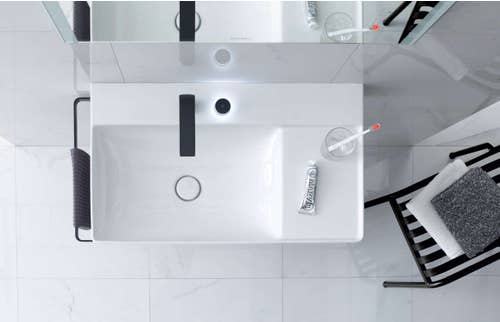 Immagine di Duravit DURASQUARE lavabo consolle asimmetrico rettificato 80 cm monoforo, senza troppopieno, con bordo per rubinetteria, bacino a sinistra, colore bianco 2348800071