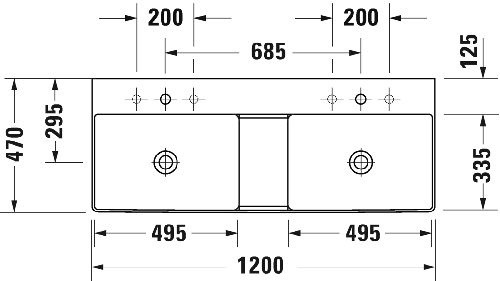 Immagine di Duravit DURASQUARE lavabo consolle doppio 120 cm con 3 fori per rubinetteria, senza troppopieno, con bordo per rubinetteria, lato inferiore smaltato, colore bianco 2353120044
