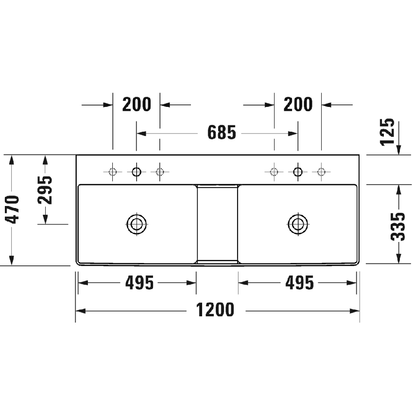 Immagine di Duravit DURASQUARE lavabo consolle doppio 120 cm con 3 fori per rubinetteria, senza troppopieno, con bordo per rubinetteria, lato inferiore smaltato, colore bianco 2353120044