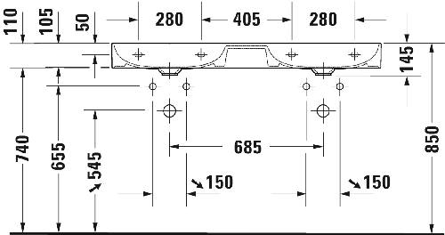 Immagine di Duravit DURASQUARE lavabo consolle doppio 120 cm con 3 fori per rubinetteria, senza troppopieno, con bordo per rubinetteria, lato inferiore smaltato, colore bianco 2353120044