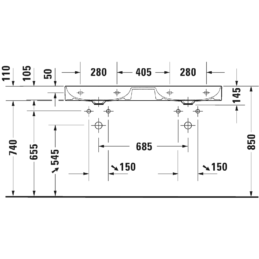 Immagine di Duravit DURASQUARE lavabo consolle doppio rettificato 120 cm con 3 fori per rubinetteria, senza troppopieno, con bordo per rubinetteria, colore bianco 2353120073