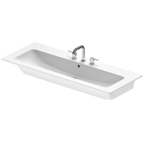 Immagine di Duravit ME BY STARCK lavabo consolle 123 cm con 3 fori per rubinetteria, con troppopieno, con bordo per rubinetteria, WonderGliss, colore bianco finitura opaco 23611232301