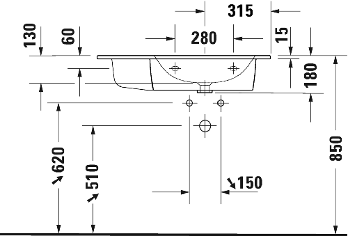 Immagine di Duravit ME BY STARCK lavabo consolle asimmetrico 83 cm con 3 fori per rubinetteria, con troppopieno, con bordo per rubinetteria, bacino a destra, colore bianco 2346830030