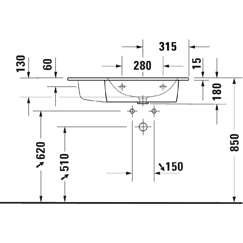 Immagine di Duravit ME BY STARCK lavabo consolle asimmetrico 83 cm con 3 fori per rubinetteria, con troppopieno, con bordo per rubinetteria, bacino a destra, colore bianco 2346830030