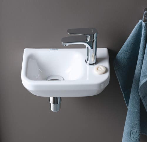 Immagine di Duravit DURASYSTEM lavamani 36 cm monoforo, senza troppopieno, con bordo per rubinetteria, con foro per rubinetteria a destra, lato inferiore smaltato, colore bianco 0713360000
