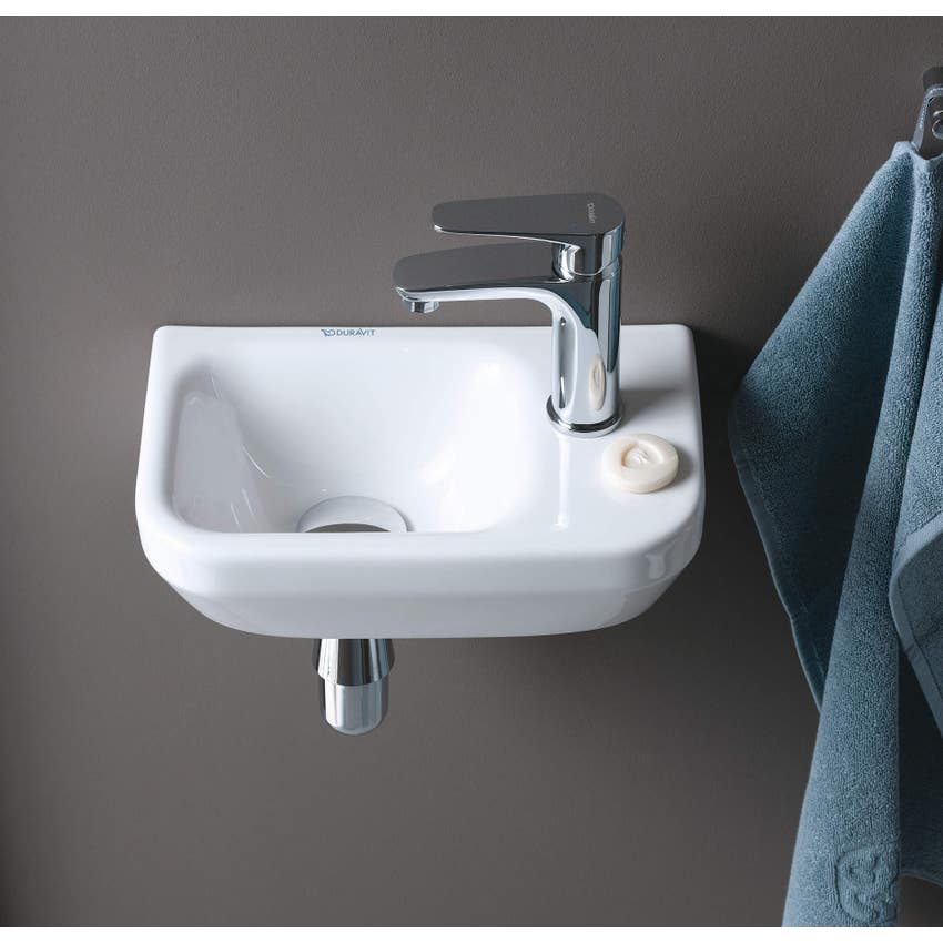 Immagine di Duravit DURASYSTEM lavamani 36 cm monoforo, senza troppopieno, con bordo per rubinetteria, con foro per rubinetteria a destra, lato inferiore smaltato, colore bianco 0713360000