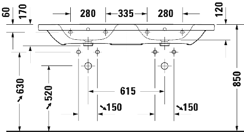 Immagine di Duravit DURASTYLE lavabo doppio 140 cm con 3 fori per rubinetteria, con troppopieno, con bordo per rubinetteria, lato inferiore smaltato, colore bianco 2357140030