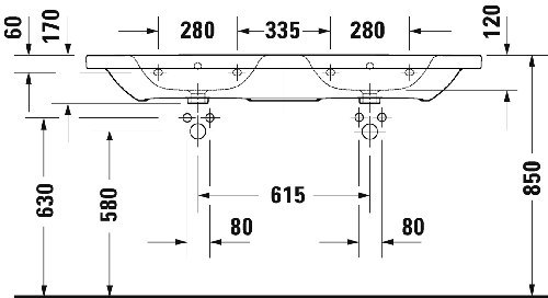 Immagine di Duravit DURASTYLE lavabo doppio 140 cm con 3 fori per rubinetteria, con troppopieno, con bordo per rubinetteria, lato inferiore smaltato, colore bianco 2357140030