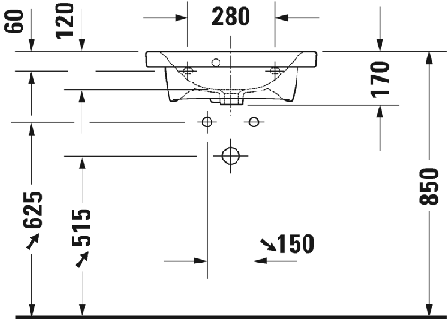 Immagine di Duravit DURASTYLE lavabo consolle Compact 55 cm con 3 fori per rubinetteria, con troppopieno, con bordo per rubinetteria, lato inferiore smaltato, colore bianco 2337550030