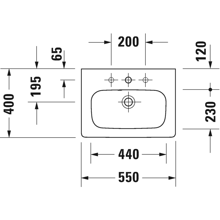 Immagine di Duravit DURASTYLE lavabo consolle Compact 55 cm con 3 fori per rubinetteria, con troppopieno, con bordo per rubinetteria, lato inferiore smaltato, WonderGliss, colore bianco 23375500301