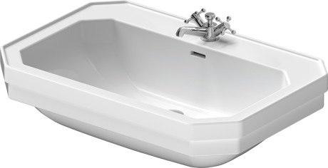 Immagine di Duravit 1930 lavabo monoforo L.80 cm, con 2 fori diaframmati, con troppopieno e bordo per rubinetteria, lato inferiore smaltato, colore bianco 0438800000