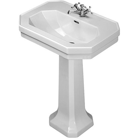 Immagine di Duravit 1930 lavabo monoforo L.80 cm, con 2 fori diaframmati, con troppopieno e bordo per rubinetteria, lato inferiore smaltato, rivestimento Wondergliss, colore bianco 04388000001