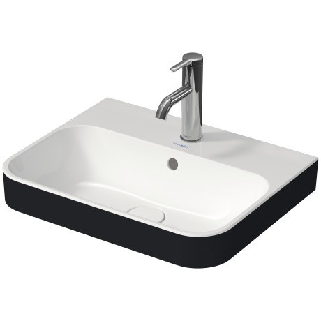 Immagine di Duravit HAPPY D.2 PLUS bacinella da appoggio soprapiano 50 cm con rettifica, senza foro, con troppopieno, WonderGliss, interno colore bianco finitura lucido, esterno colore nero finitura opaco 23605061601