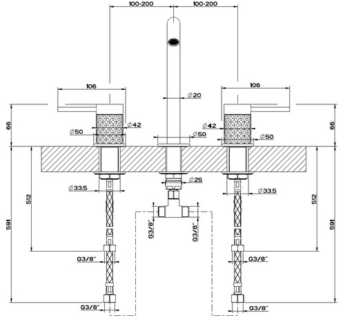 Immagine di Gessi 316 INTRECCIO gruppo lavabo H.20 cm, tre fori, senza scarico, con flessibili di collegamento, finitura Copper Brushed PVD  54112#708