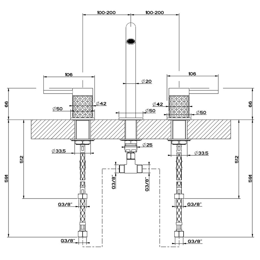 Immagine di Gessi 316 INTRECCIO gruppo lavabo H.20 cm, tre fori, senza scarico, con flessibili di collegamento, finitura Copper Brushed PVD  54112#708