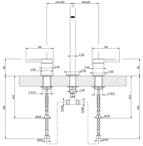 Immagine di Gessi 316 FLESSA gruppo lavabo H.27 cm, tre fori, senza scarico, con flessibili di collegamento, finitura steel brushed 54011#239